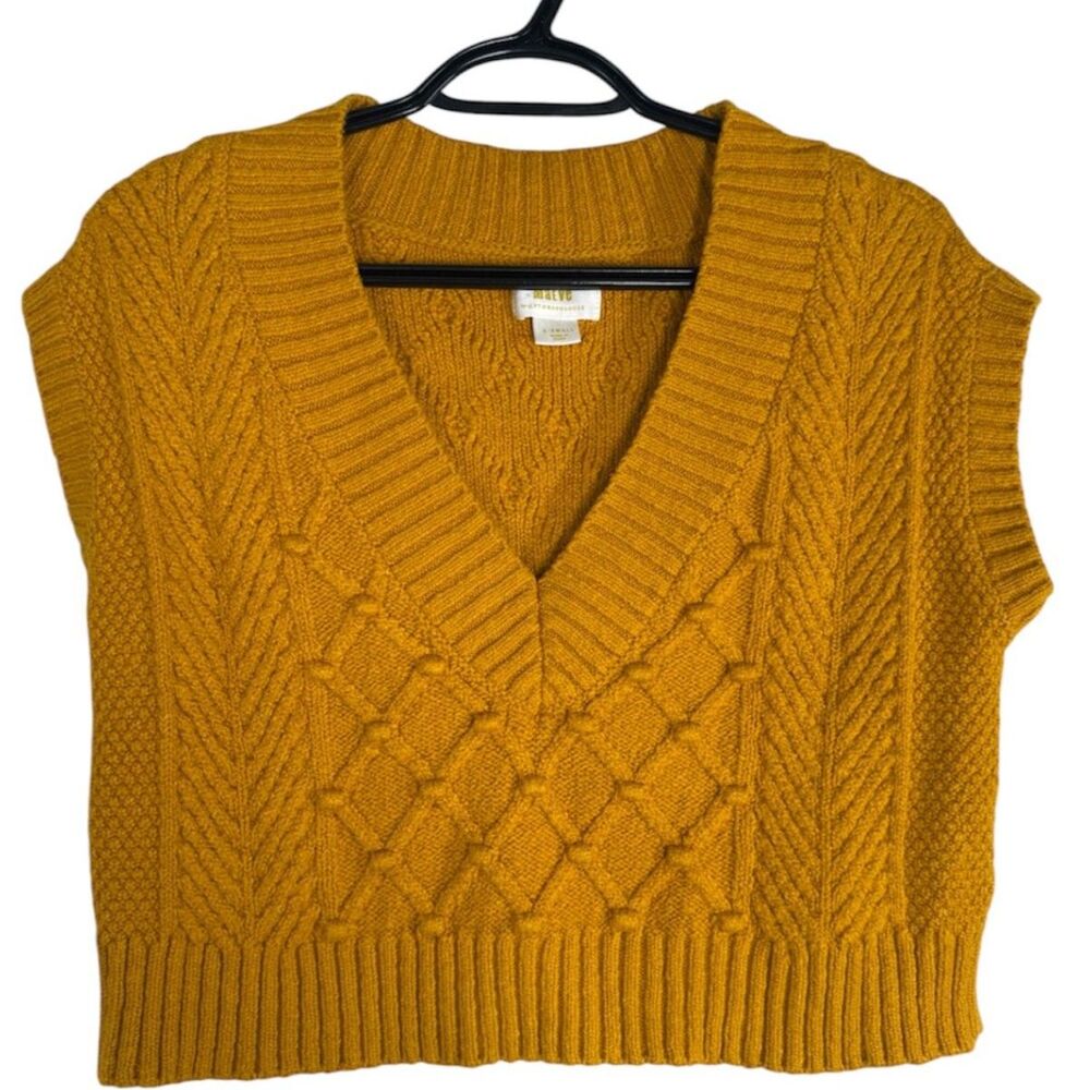 Anthropologie Maeve Yellow Sweater Vest Sz XS Baubles Cable Knit Preppy Cropped